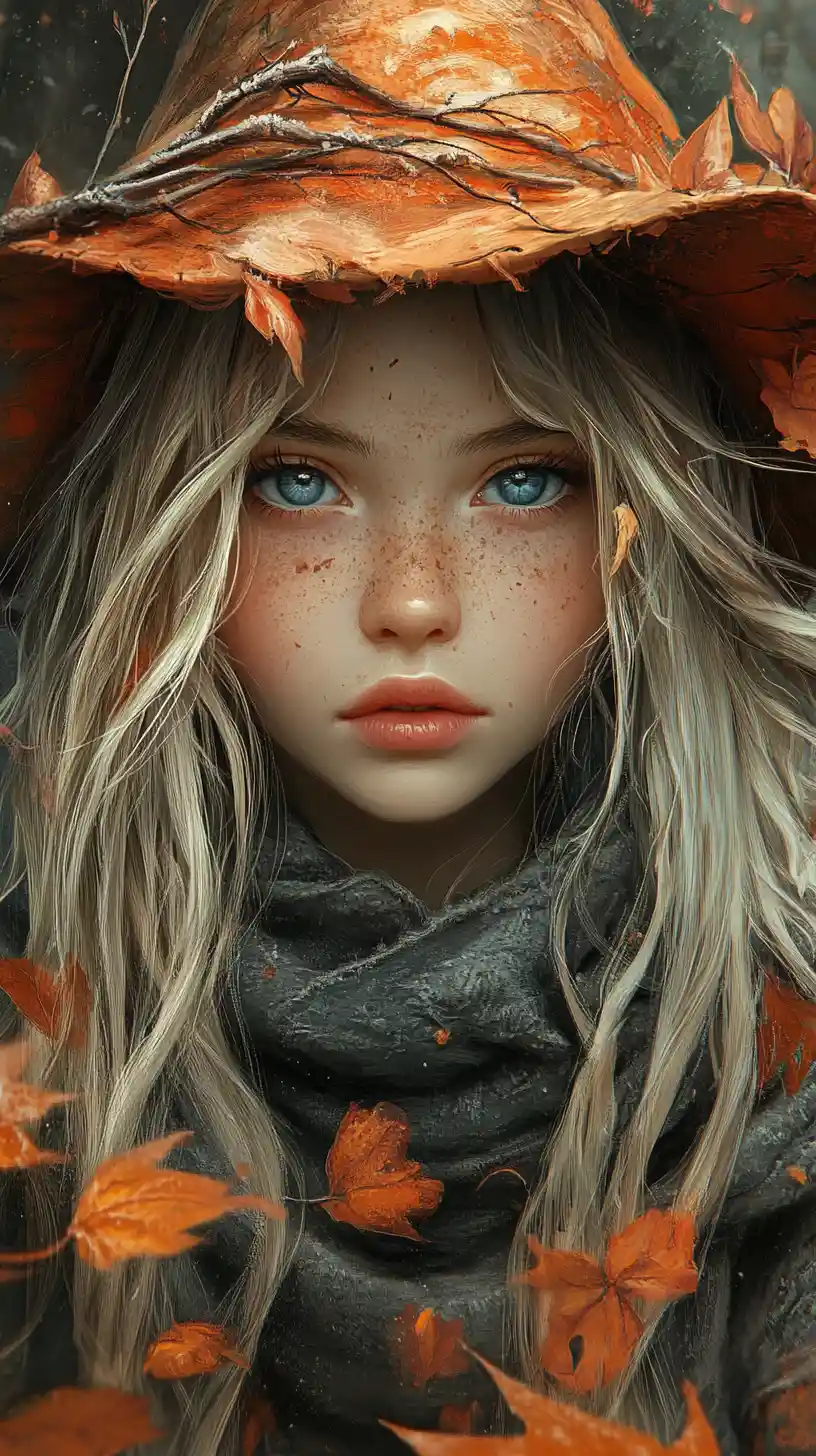 Melancholic anime girl in tattered autumn cloak portrait
