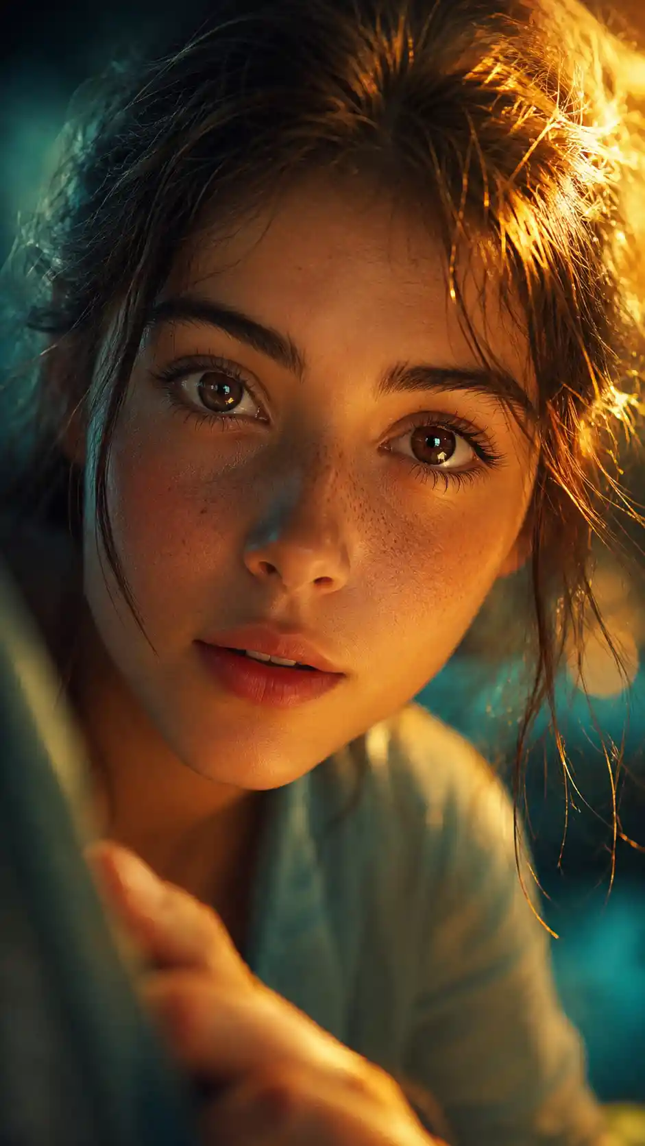 Young woman close up portrait in warm cinematic light