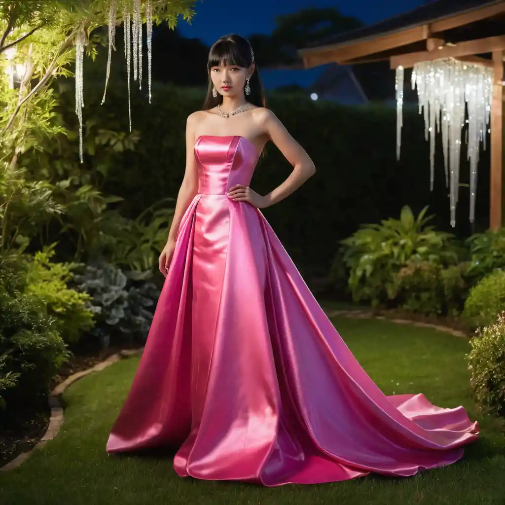 Elegant girl in pink satin gown standing in night garden