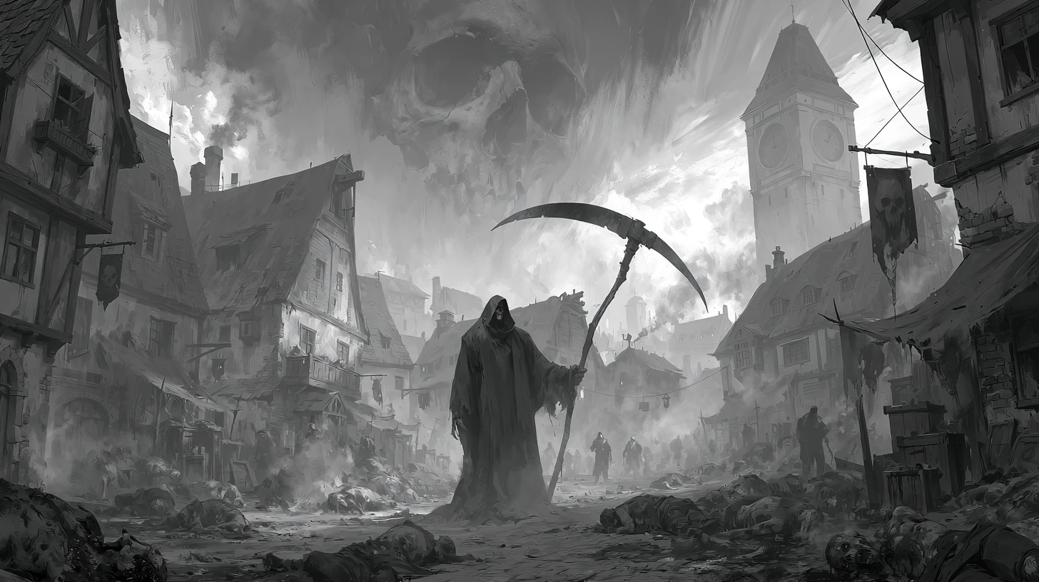 Grayscale grim reaper towering over plague stricken village