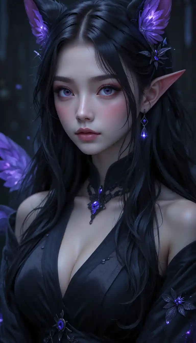 Dark elf kitsune girl with black fairy wings