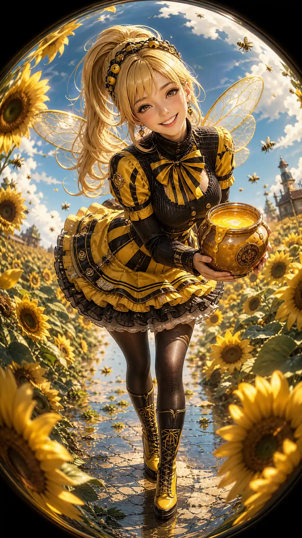 Bee fairy girl with honey pot in sunflower field