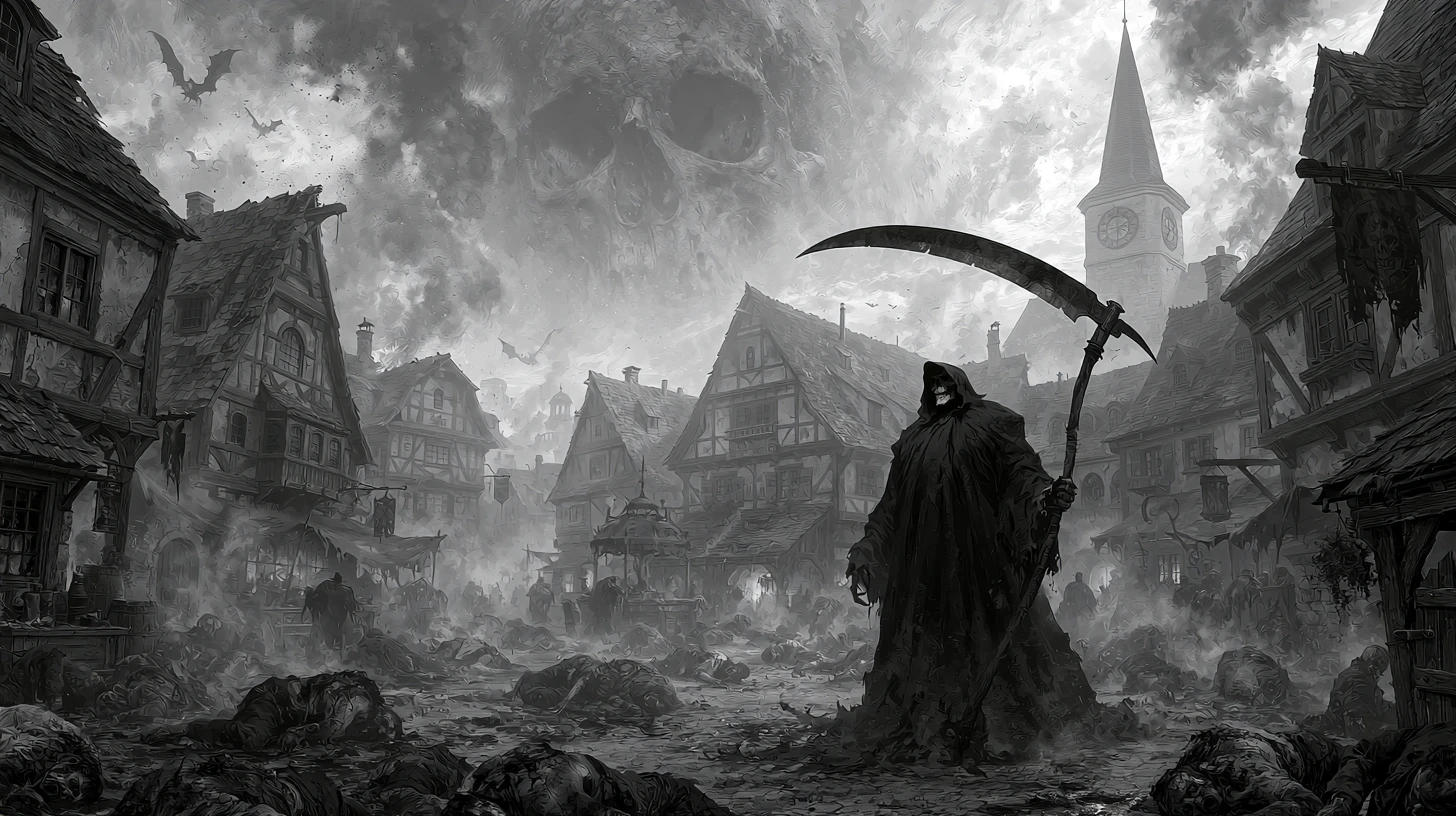Grim reaper towers over plague stricken grayscale village scene