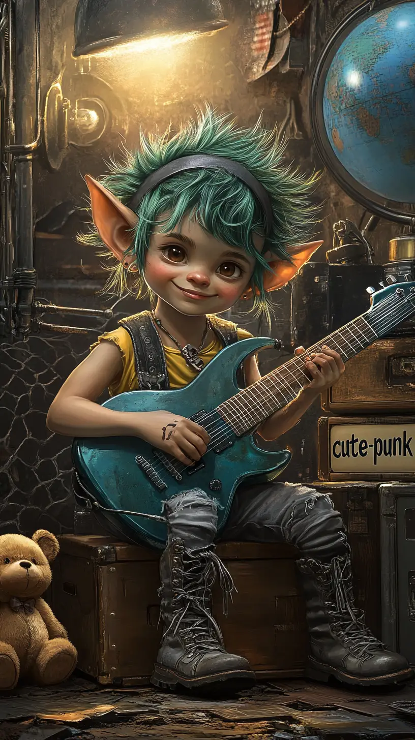 Dolce troll bambino dai capelli verdi che suona una chitarra blu elettrica