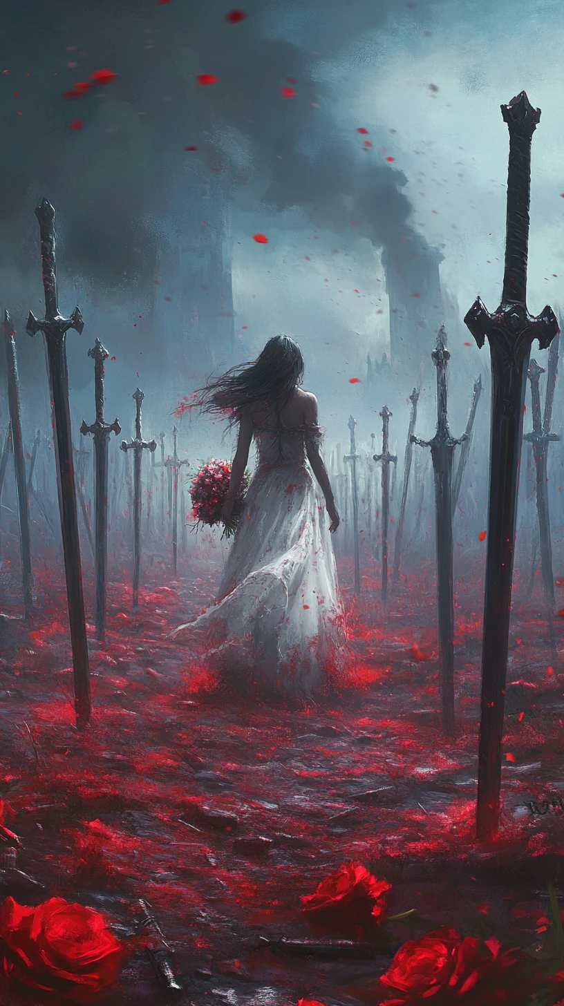 Sad girl with flowers walking among swords in mist