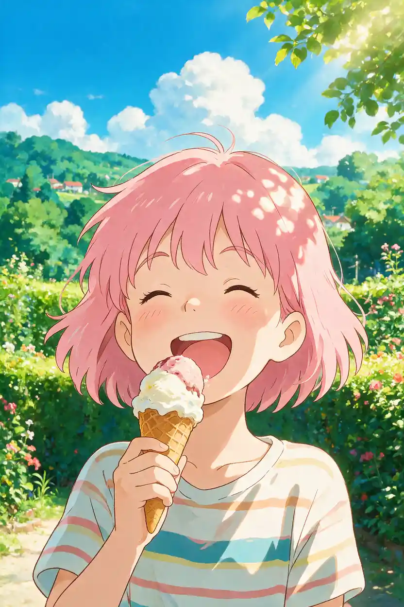 Cheerful anime girl eating ice cream in bright summer sunlight