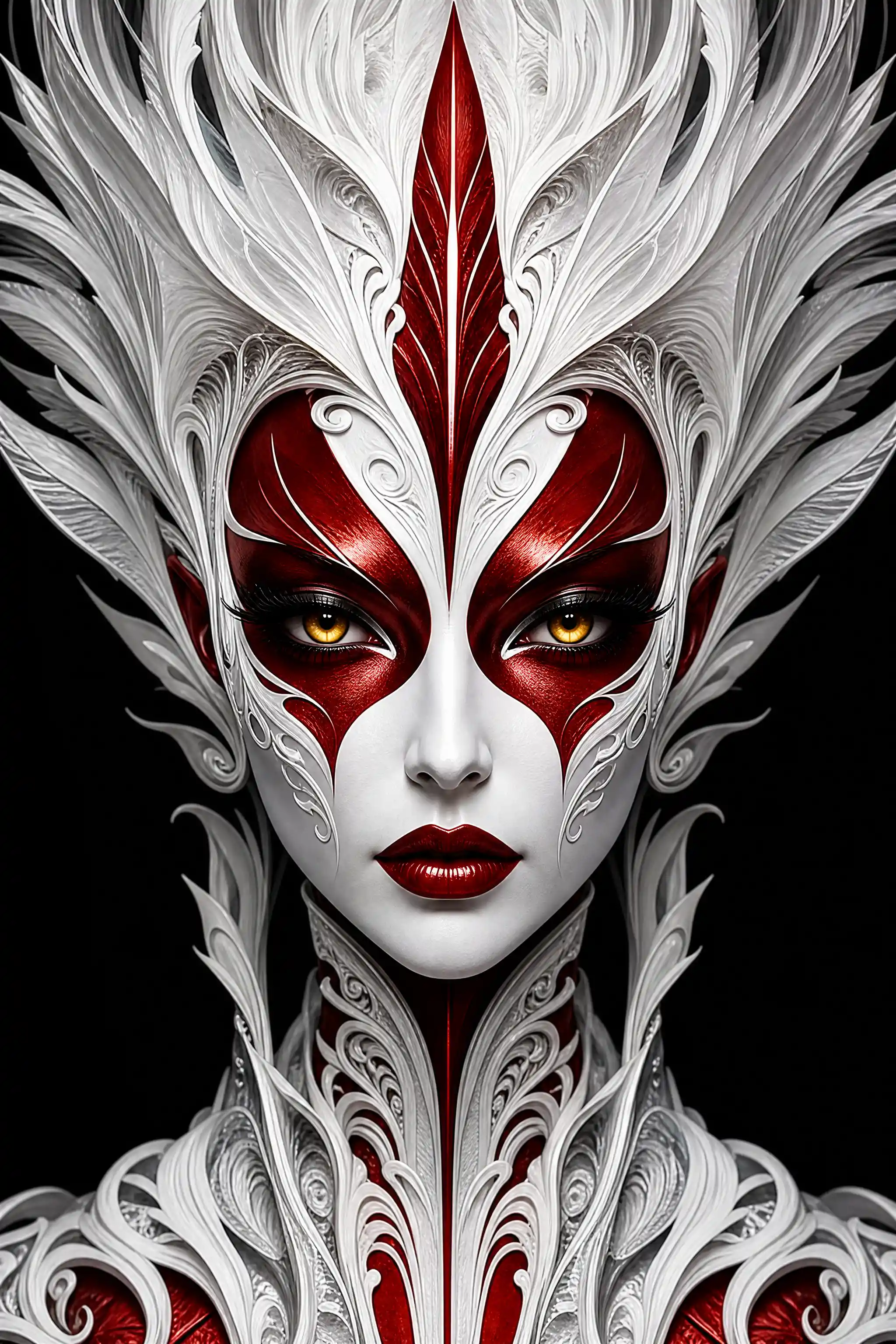 Futuristic woman with red mask and white feathered hair
