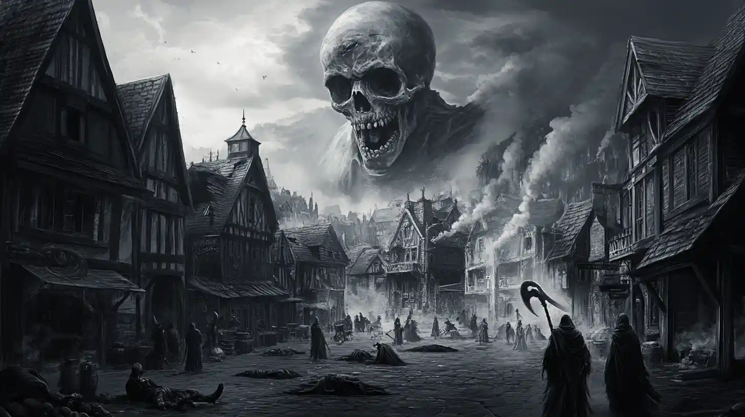 Terrifying grim reaper over plague stricken grayscale village