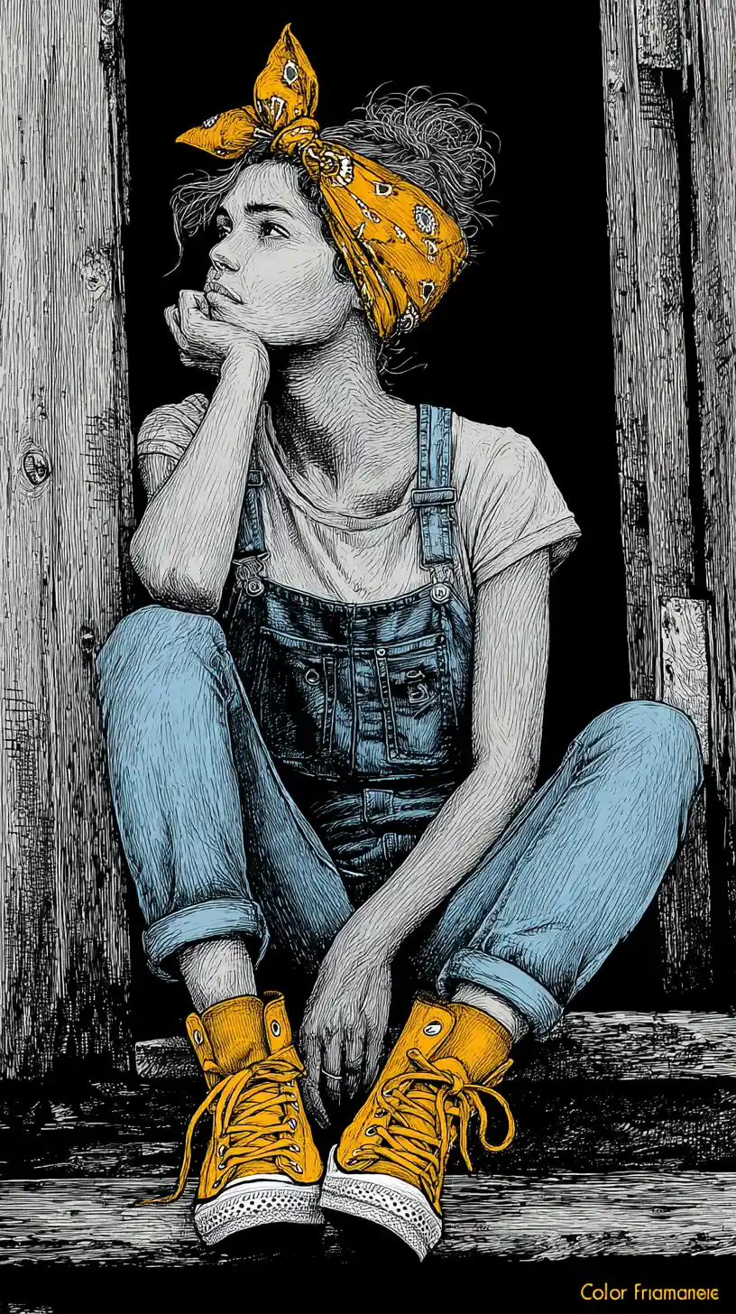 Pensive girl in overalls sitting in a rustic wooden doorway