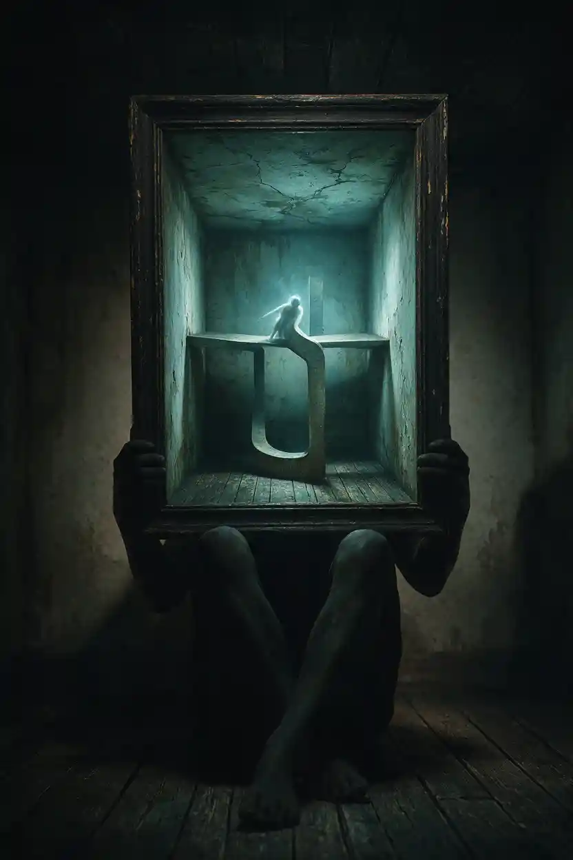 Faceless figure clutching a framed soul in an empty room