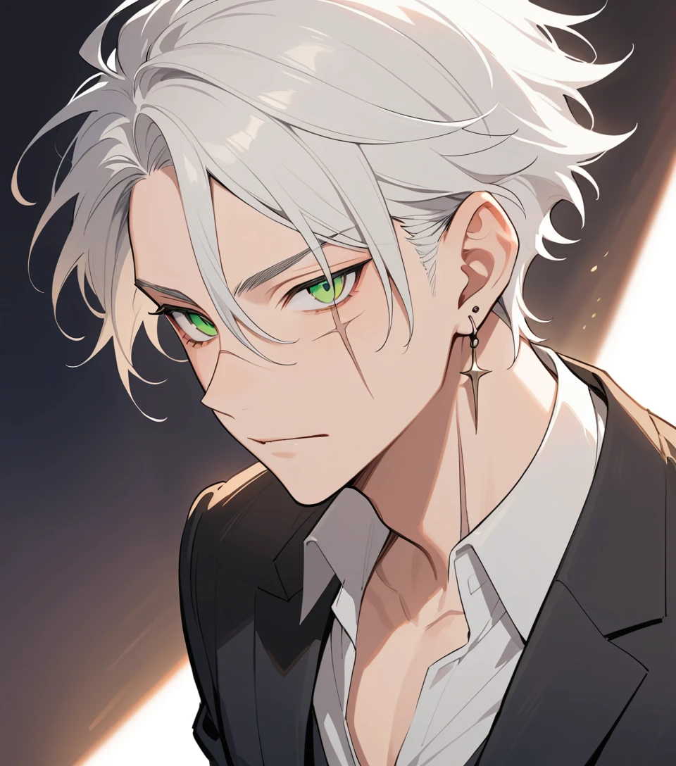 White haired man in a black suit with neck scar