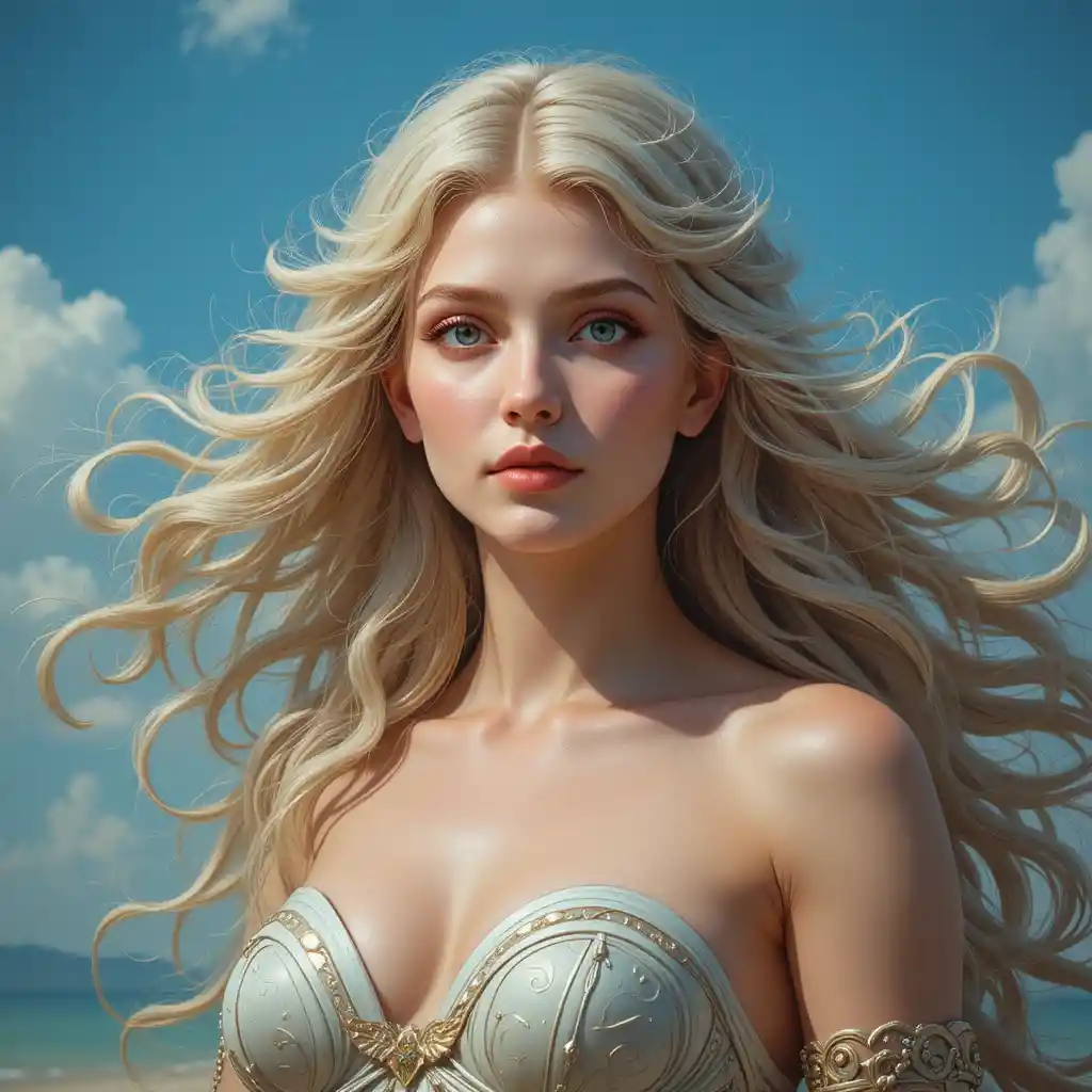 Alta dea fantasy che mira con l’arco e i capelli al vento