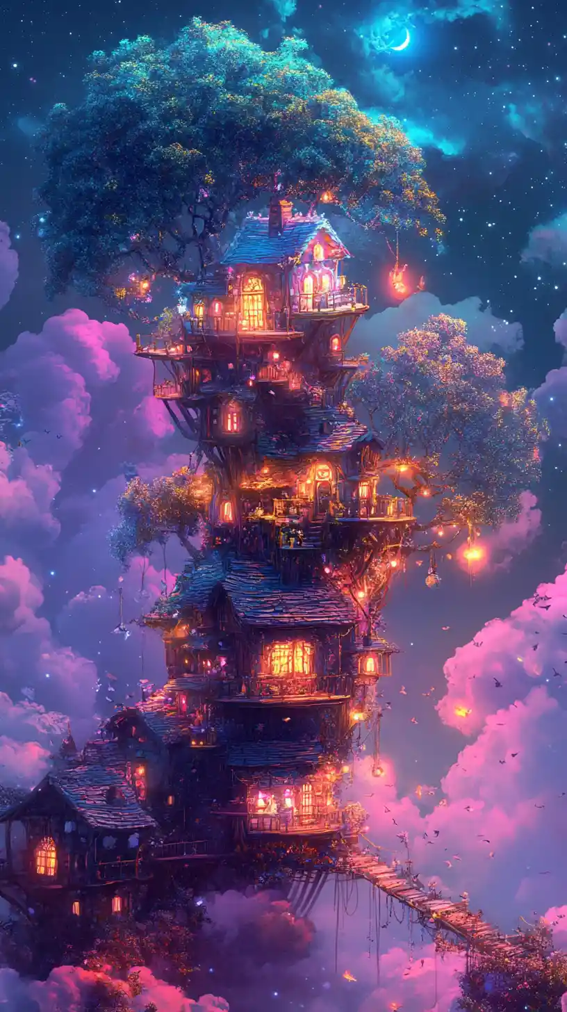Whimsical dreamscape in bright pastel colors and high contrast