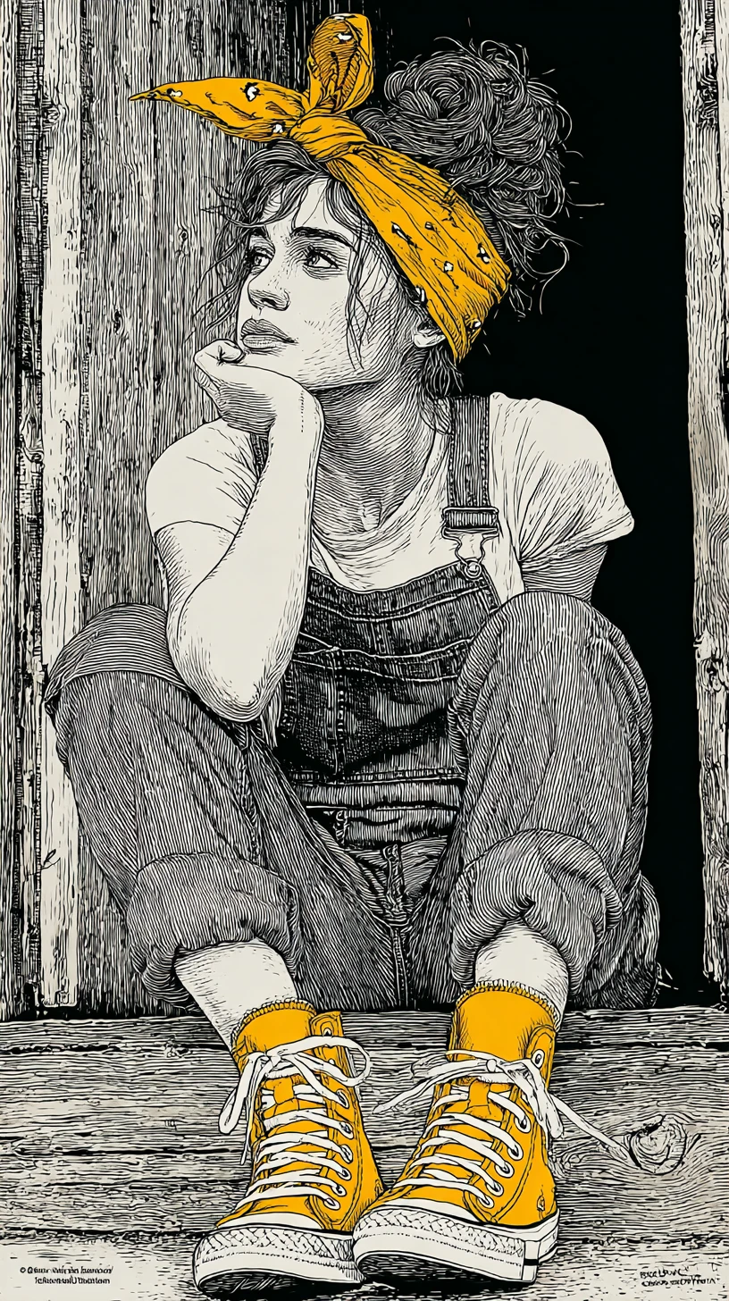 Pensive girl in overalls at a rustic wooden doorway