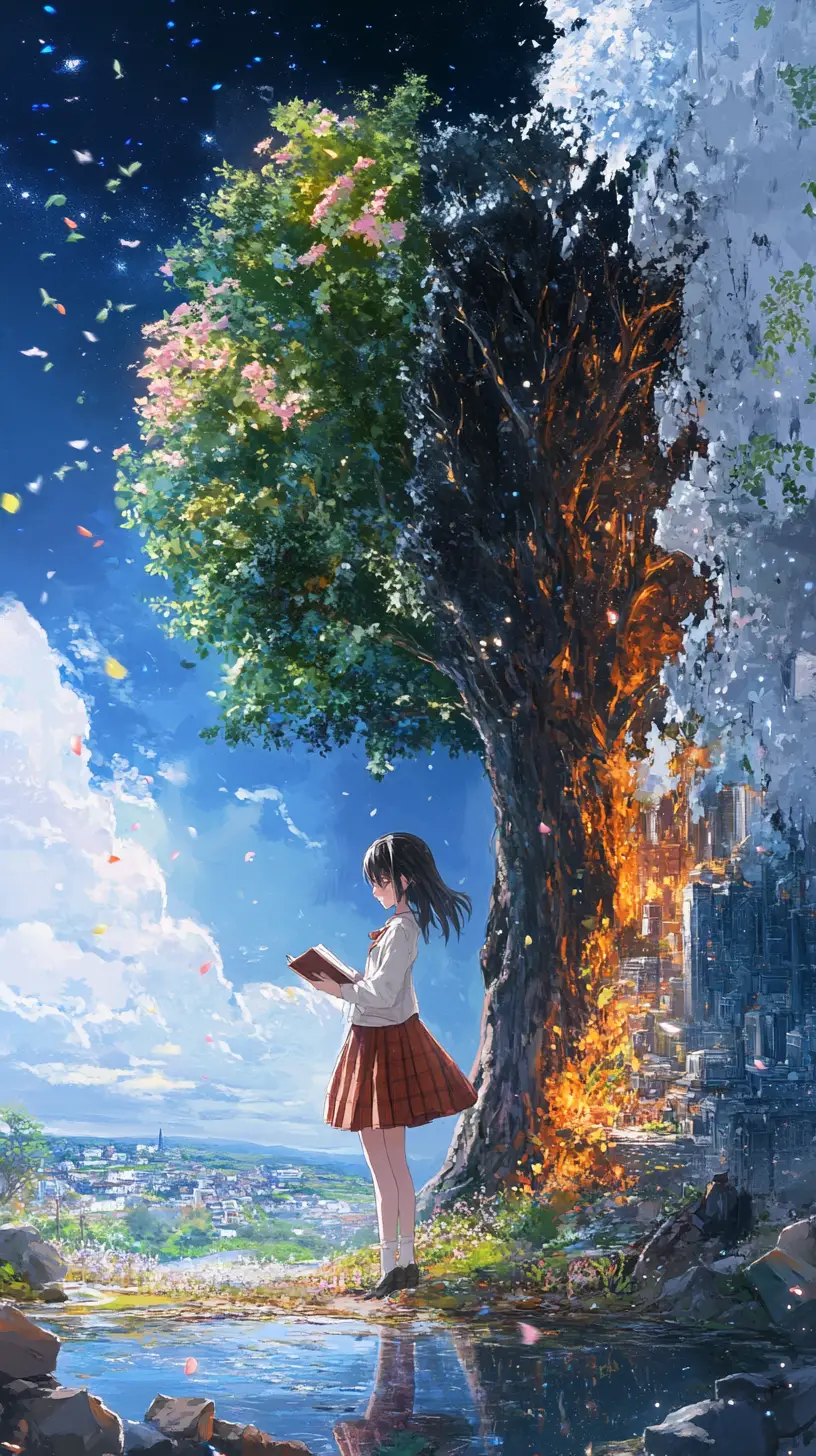 Anime girl reading a book beneath a divided magical tree