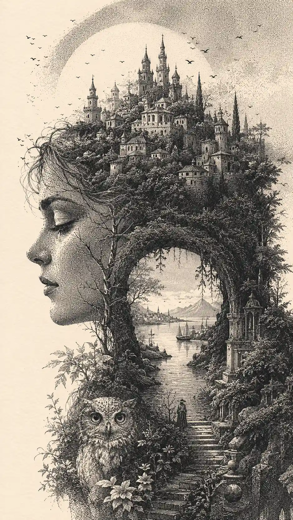 Intricate Ink Drawing With Hidden Figure Ground Illusions