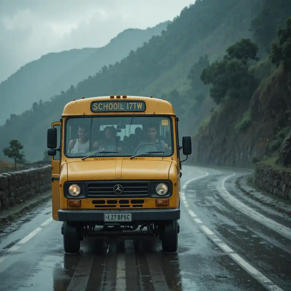 Yellow school bus on rainy mountain road in Murree Pakistan