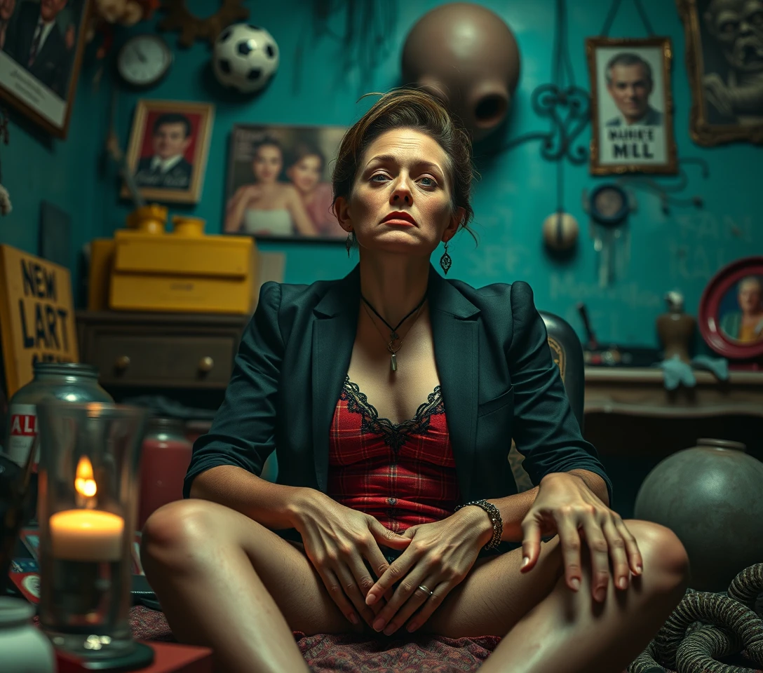 Defiant hunger striker in a surreal comic horror tableau