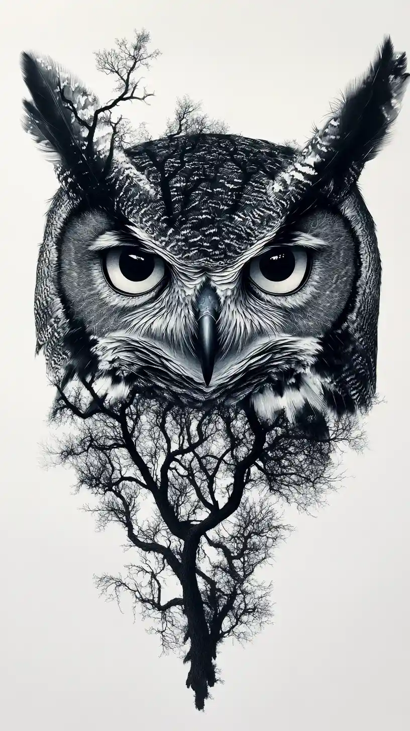 Great horned owl merging into intricate tree canopy worlds