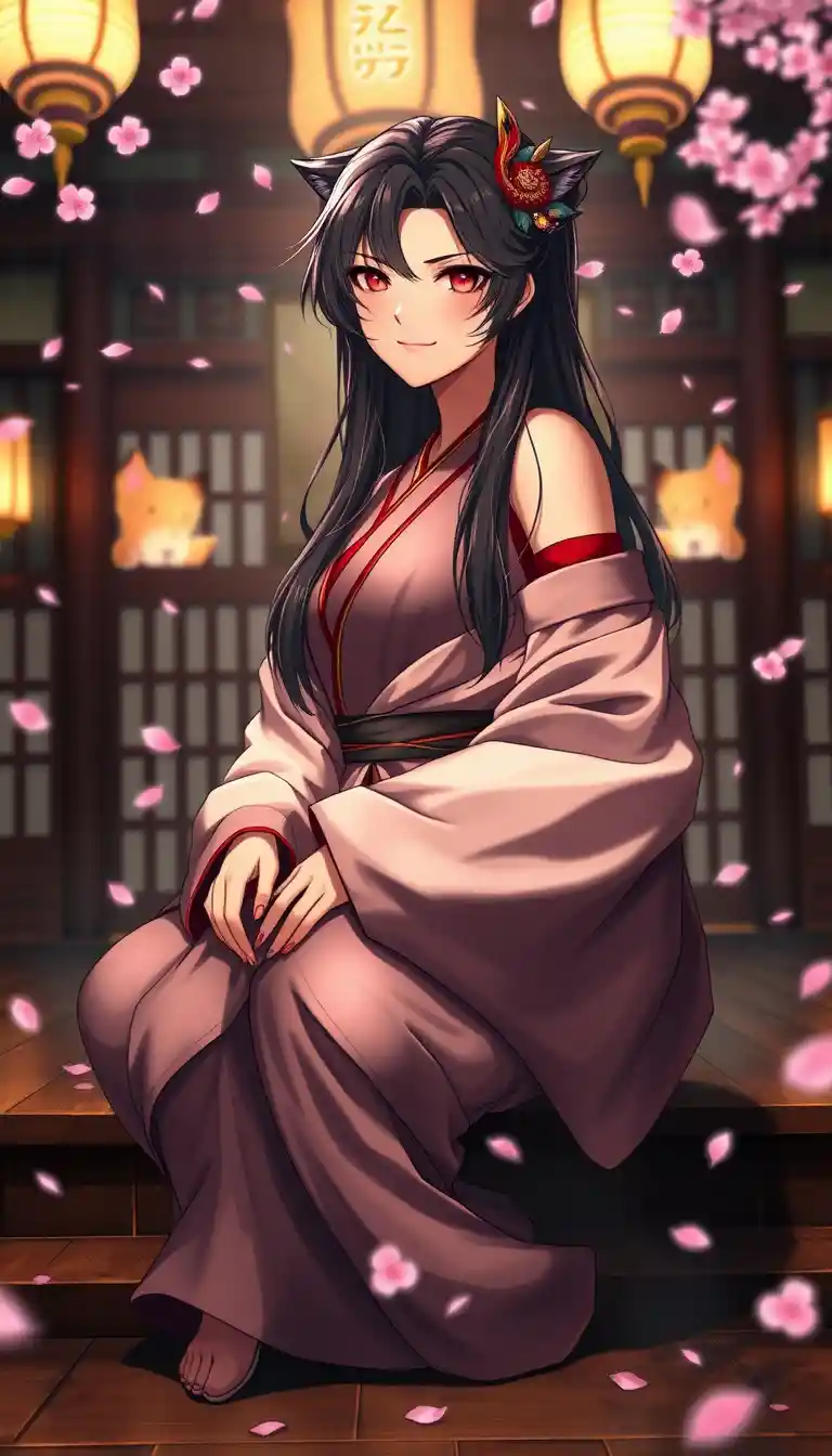 Seductive anime shrine maiden with fox spirits at night