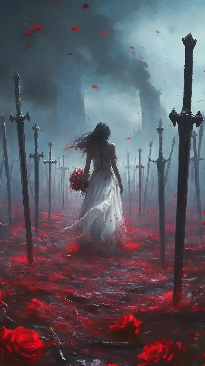 Sad girl with flowers walking among swords in mist