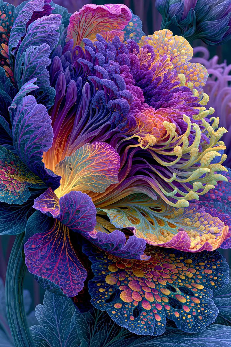 Fantastical glowing view inside a vibrant fantasy flower