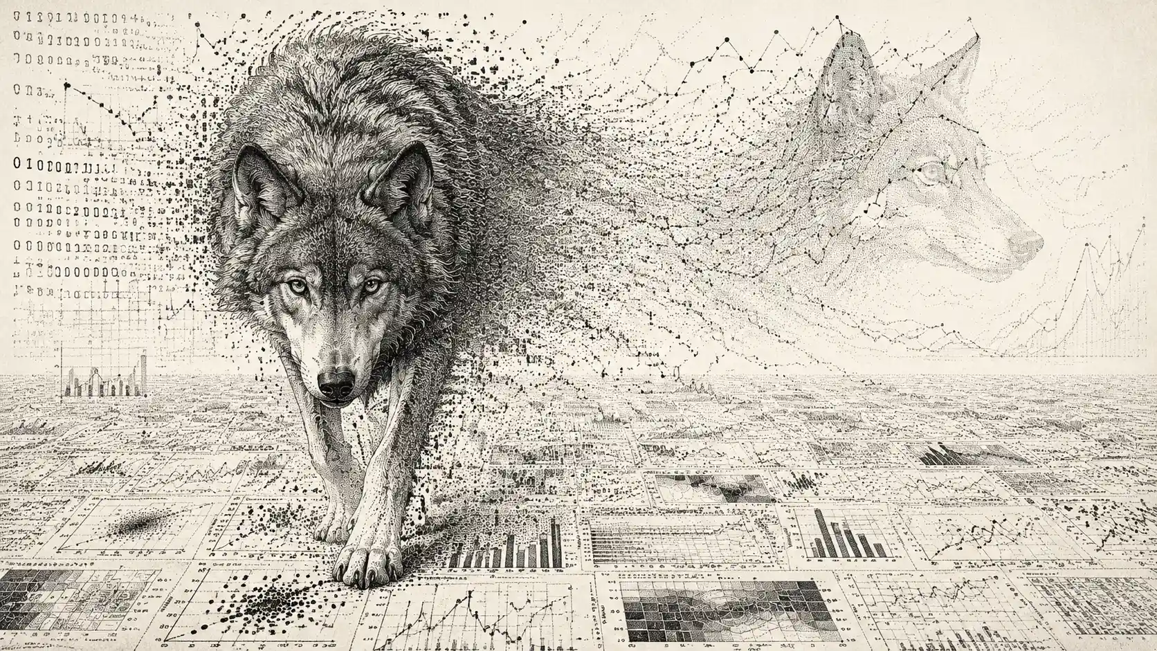 Wolf emerging from a vast field of flowing data charts