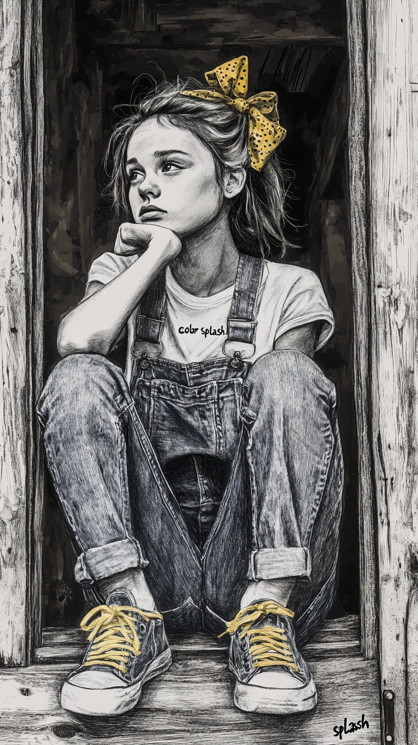 Pensive girl in overalls in a rustic doorway sketch