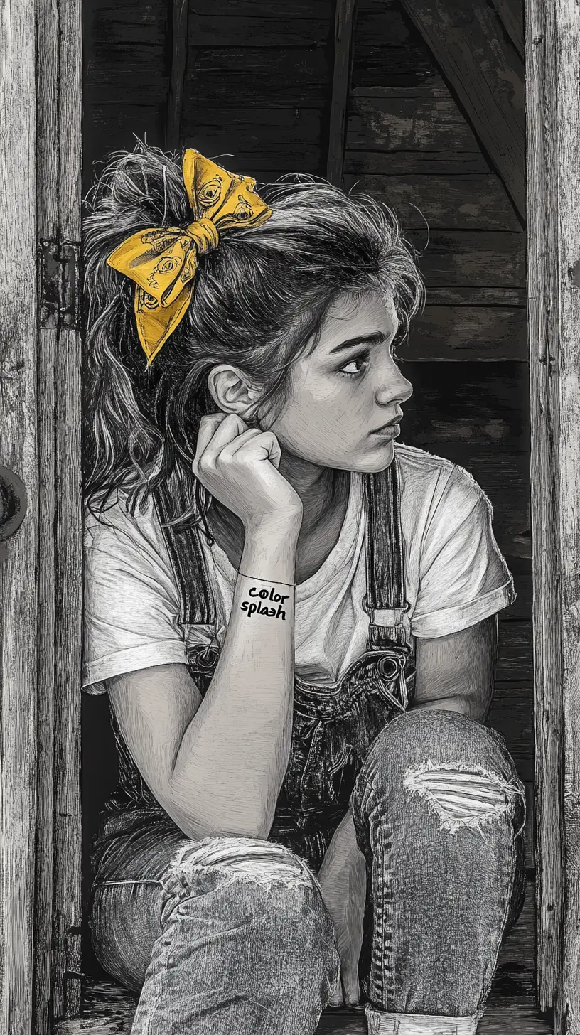 Pensive girl in ink sketch sitting in rustic wooden doorway