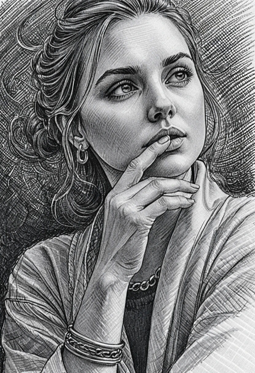 Ink portrait of a thoughtful woman with hand to her lips