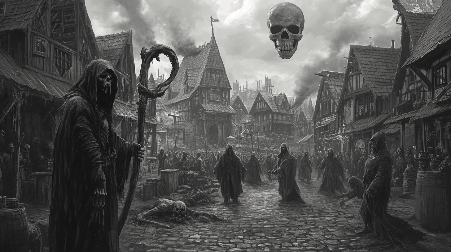 Grim reaper towers over plague stricken grayscale village
