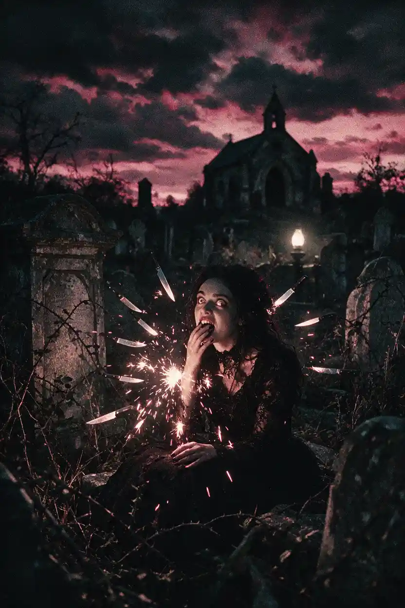 Gothic woman in lace dress in a crumbling graveyard at dusk