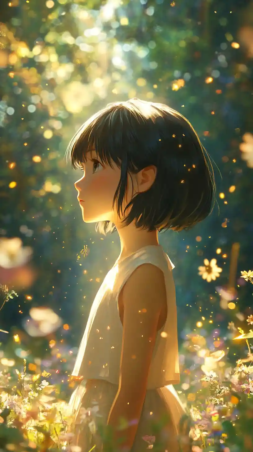 Young girl in profile in a glowing enchanted forest