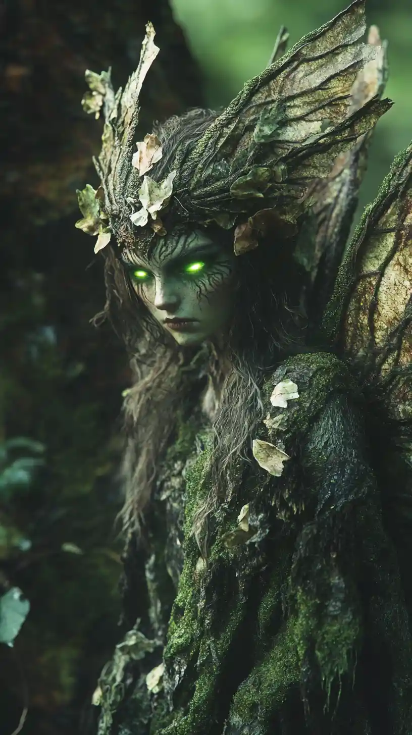 Stealthy fairy warrior hiding among ancient forest roots