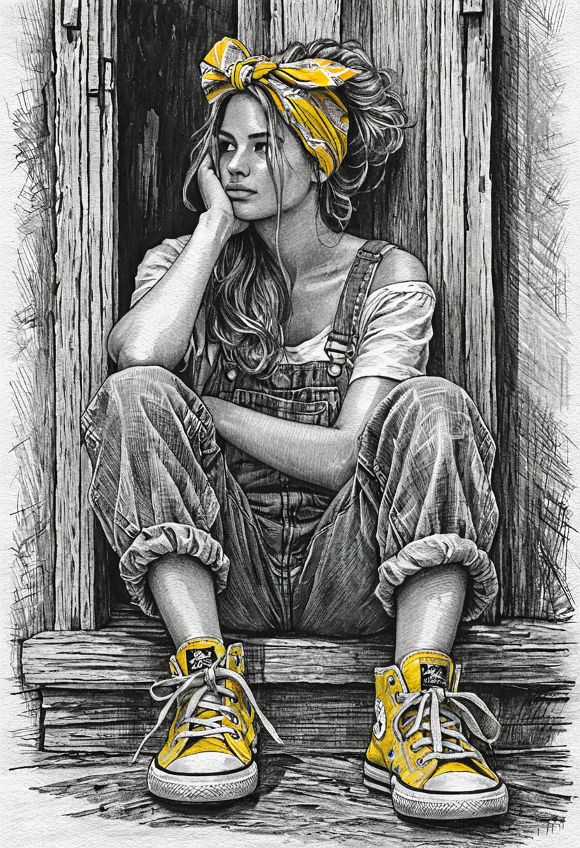 Pensive girl in ink drawing sitting in rustic doorway