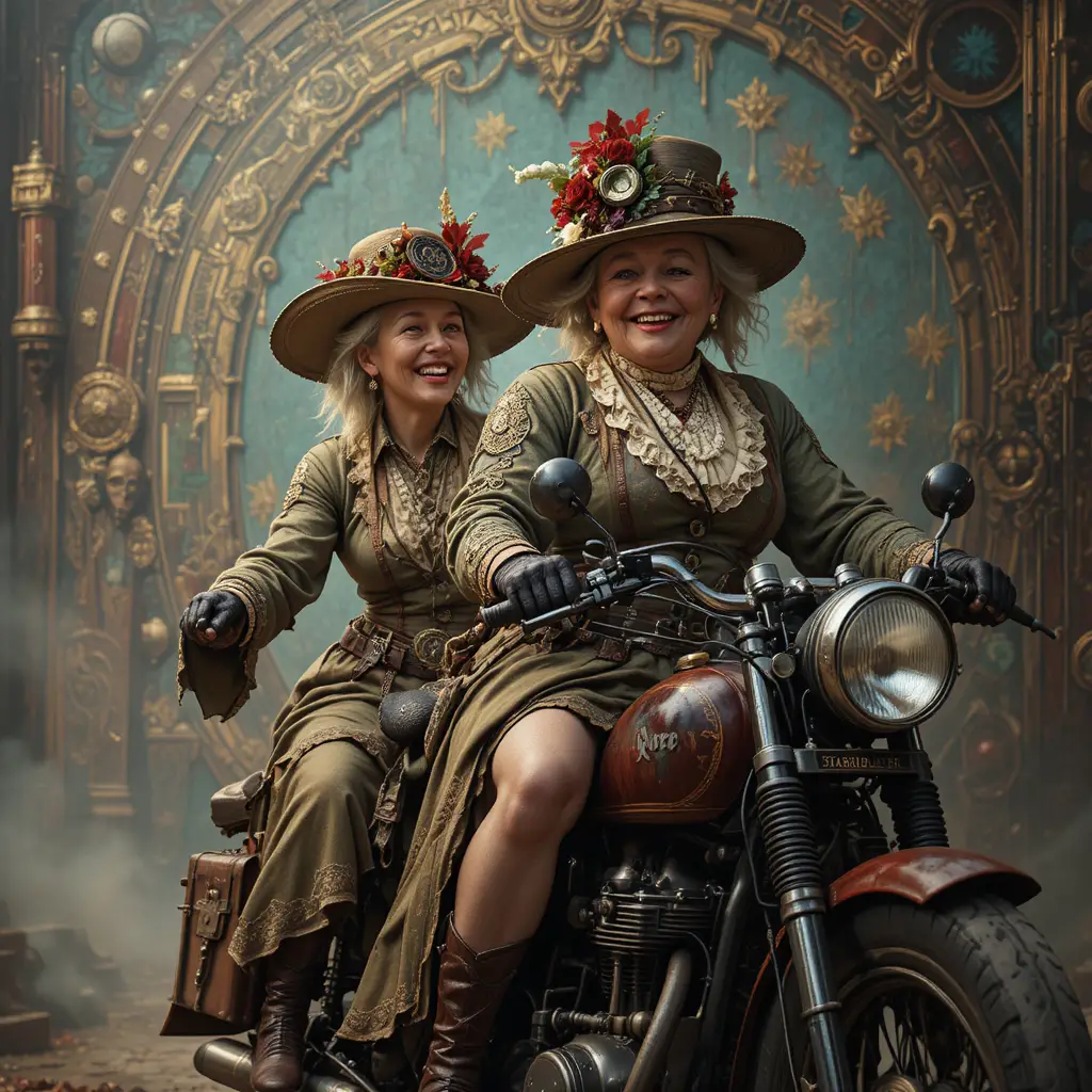 Two elderly women riding vintage motorcycles in steampunk city