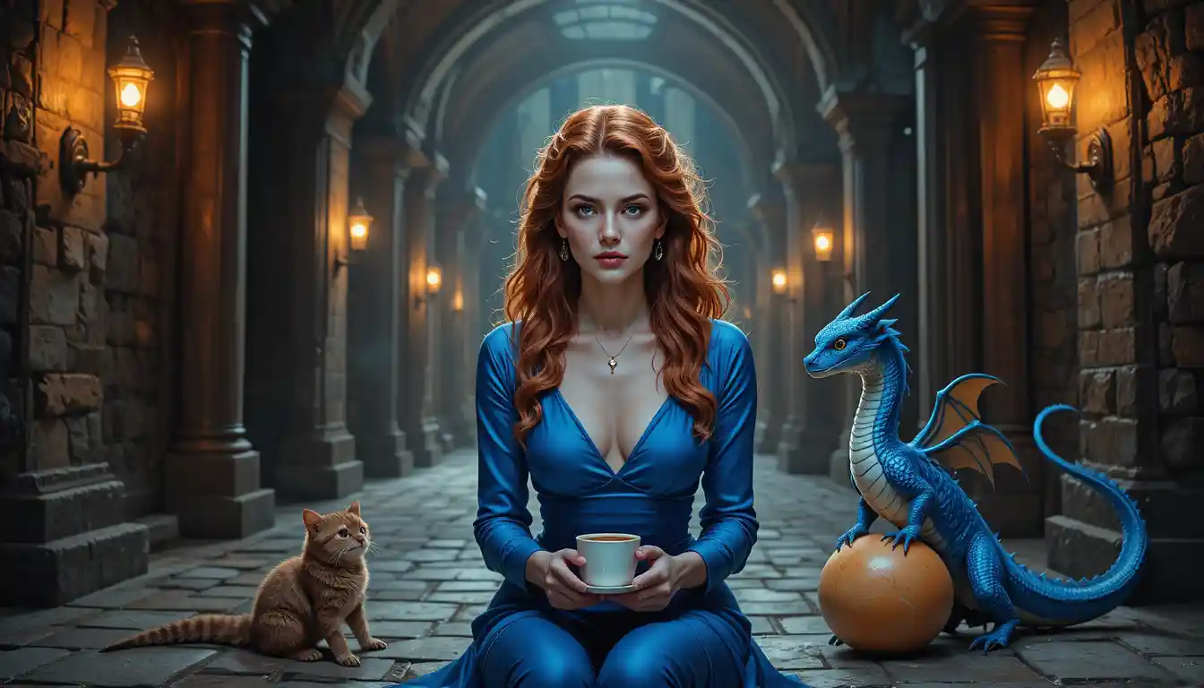 Determined red haired girl with dragon in stone corridor