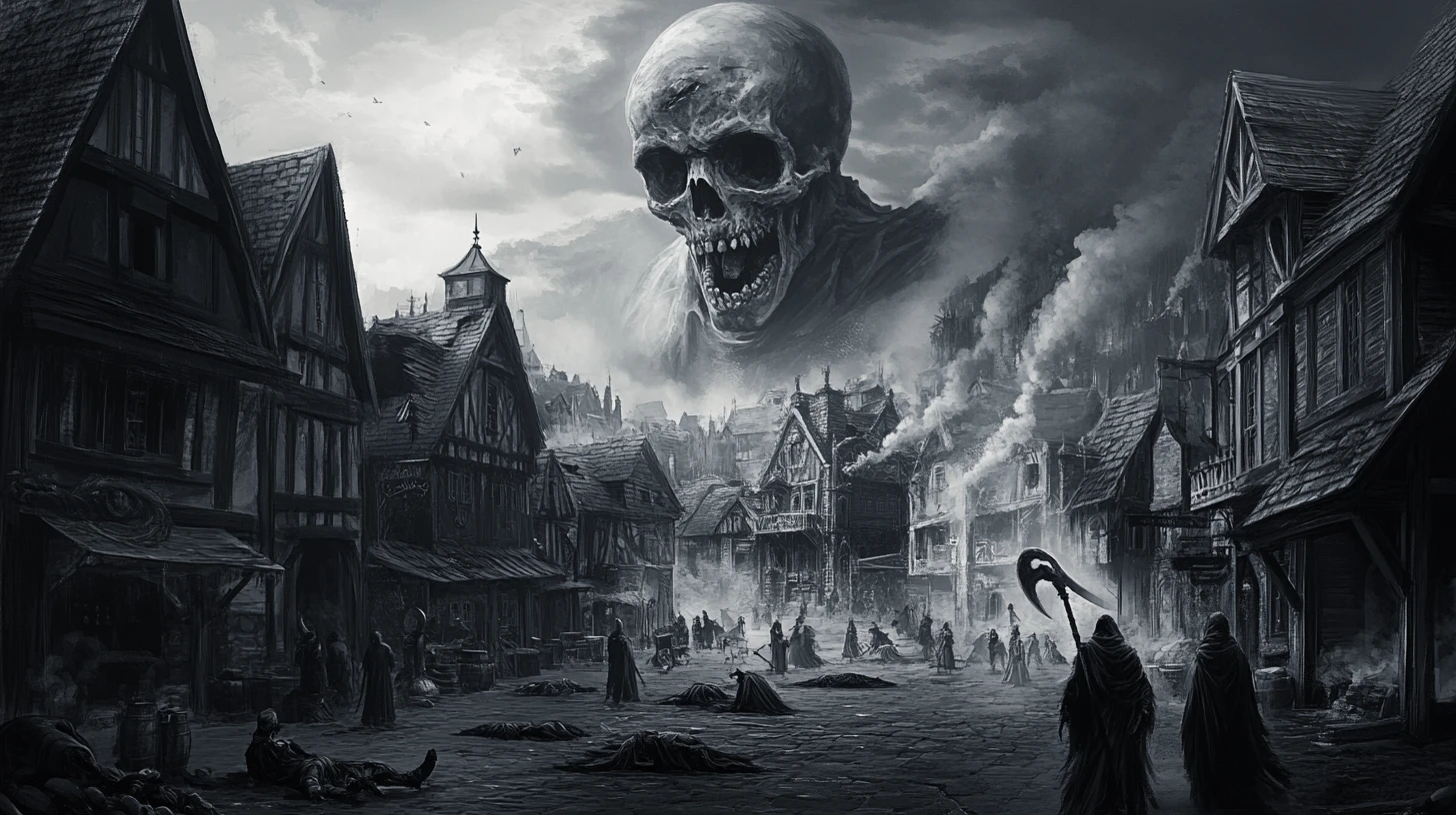 Terrifying grim reaper over plague stricken grayscale village