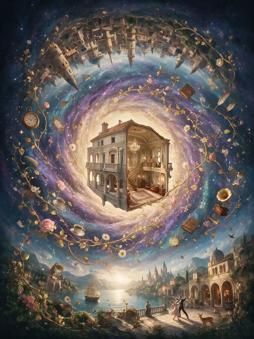 Surreal vision of reality swirling upside down and inside out