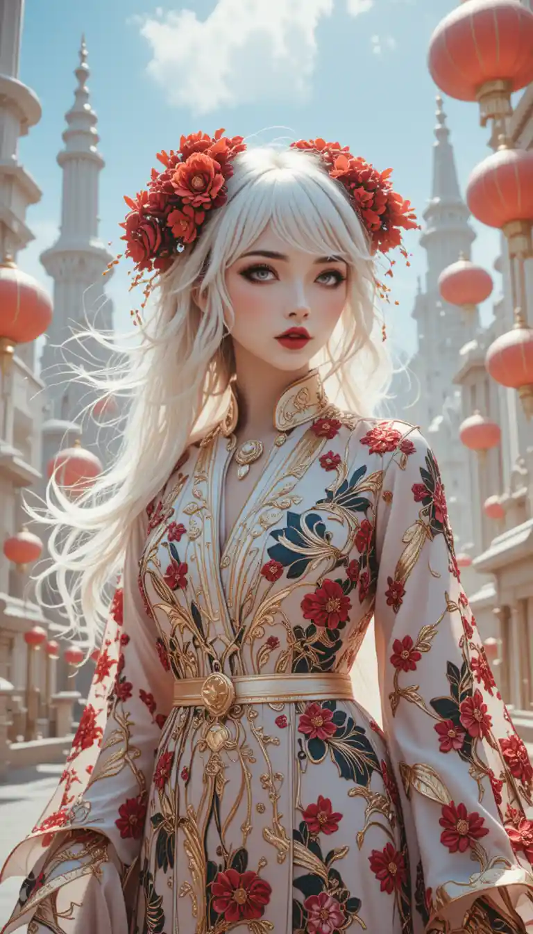 White haired woman in silk robe in utopian future city
