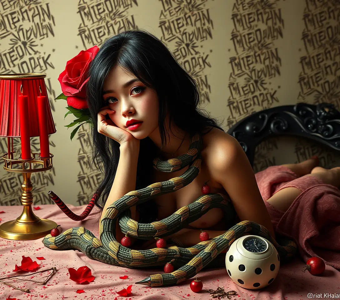 Pop surreal still life with a sensual ironic woman