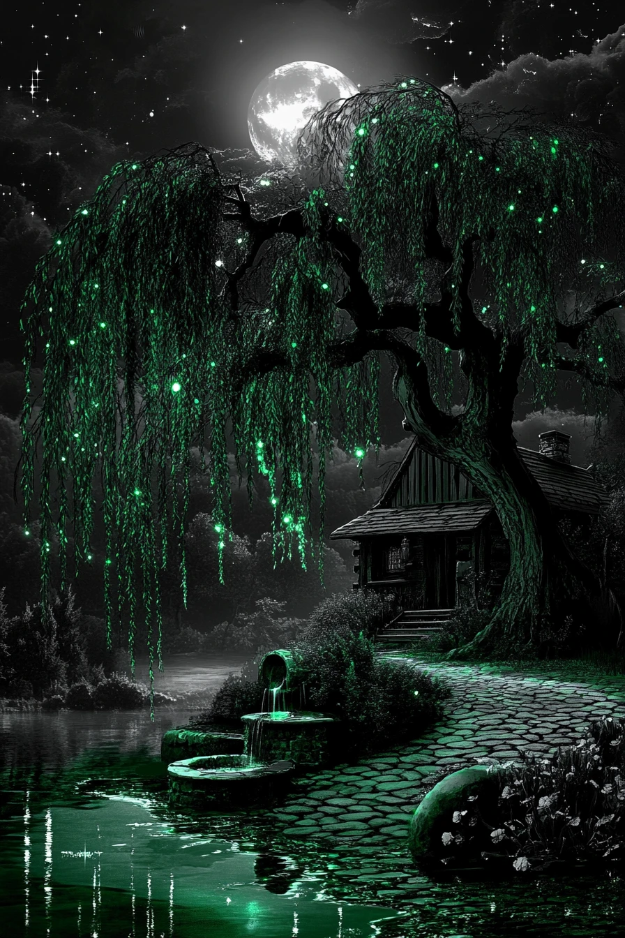 Moonlit weeping willow above a forest cabin and well