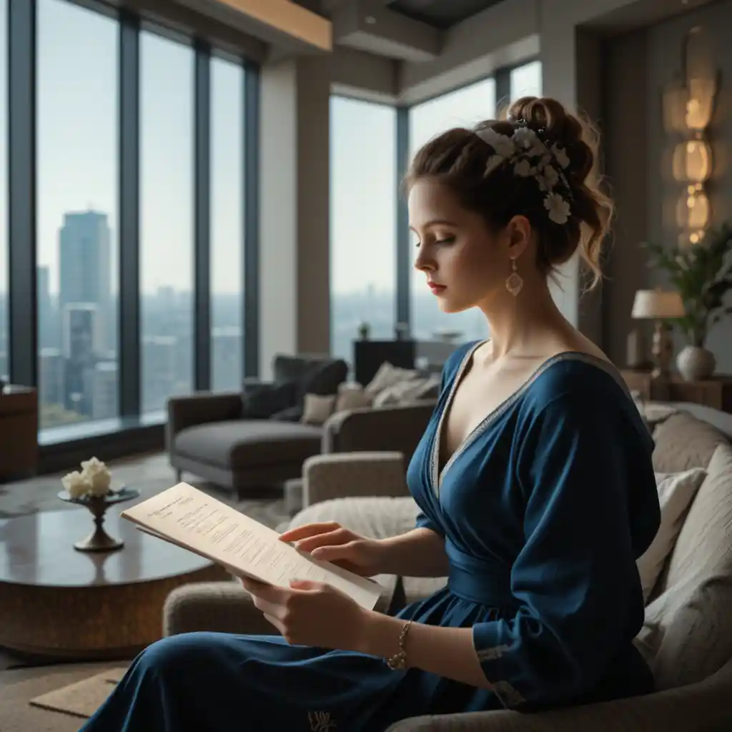 Elegant woman reading a letter in a modern penthouse