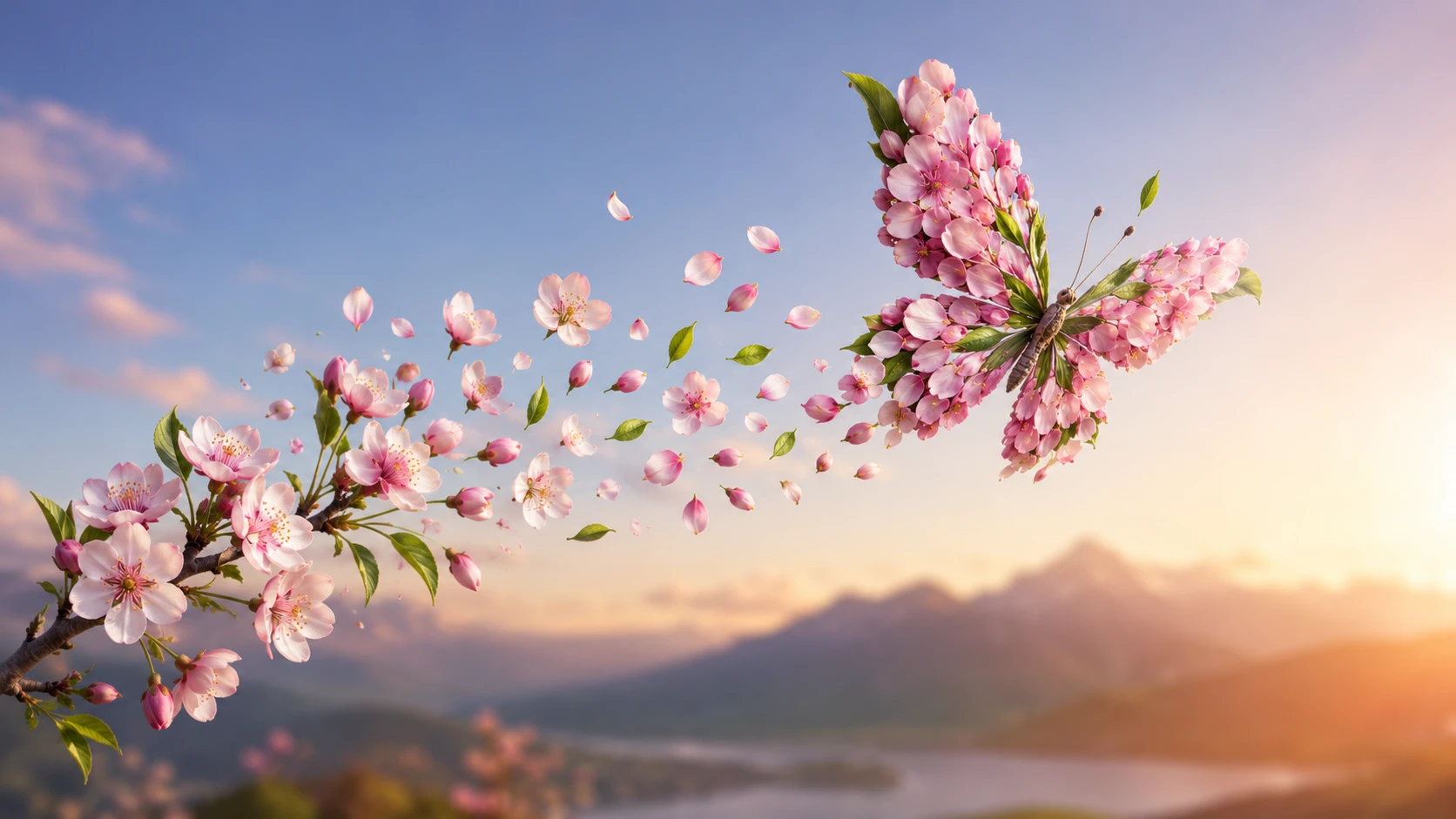 Blossom petals forming a butterfly in mid flight