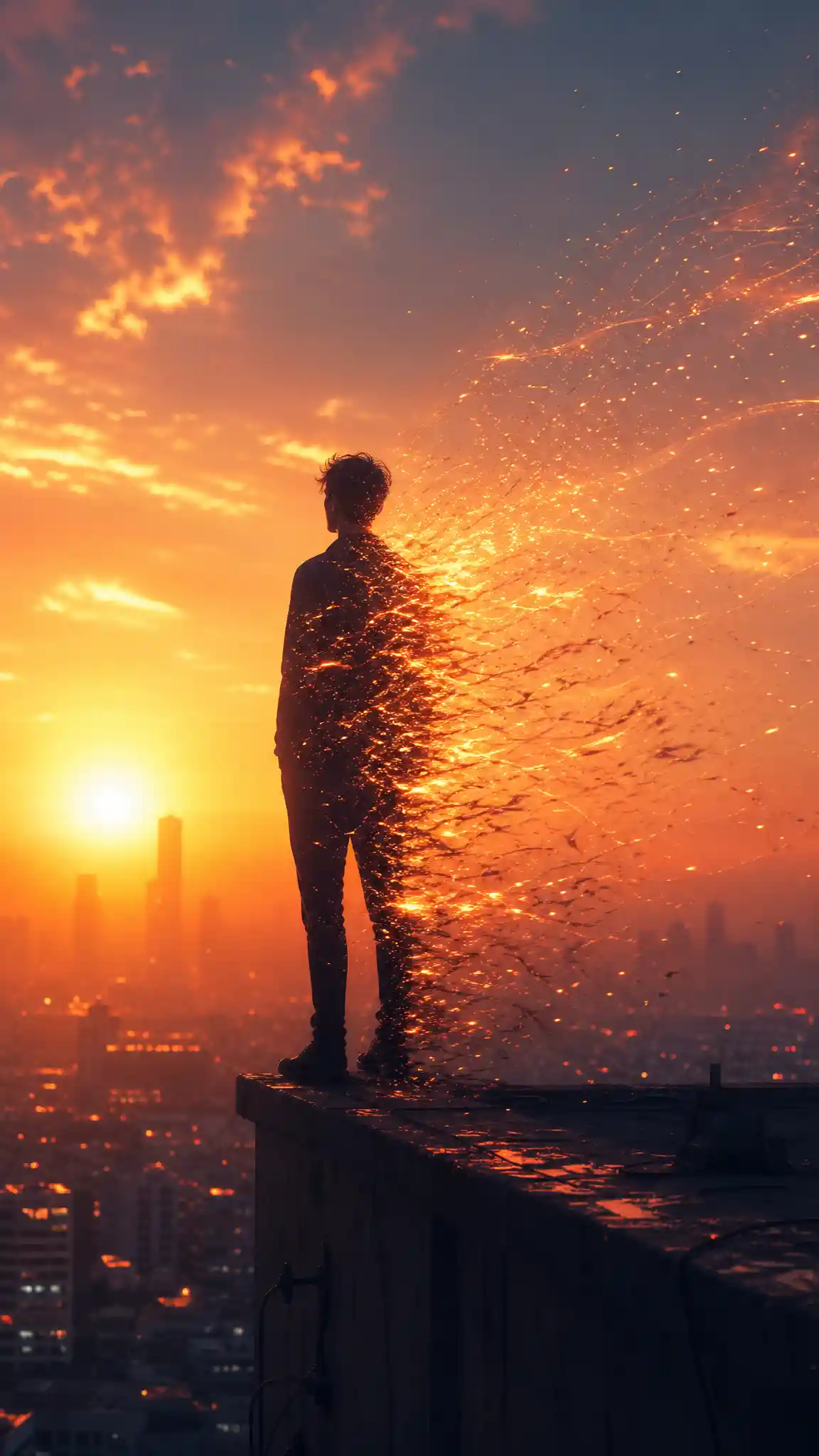 Man dissolving into sparks on a rooftop at sunset
