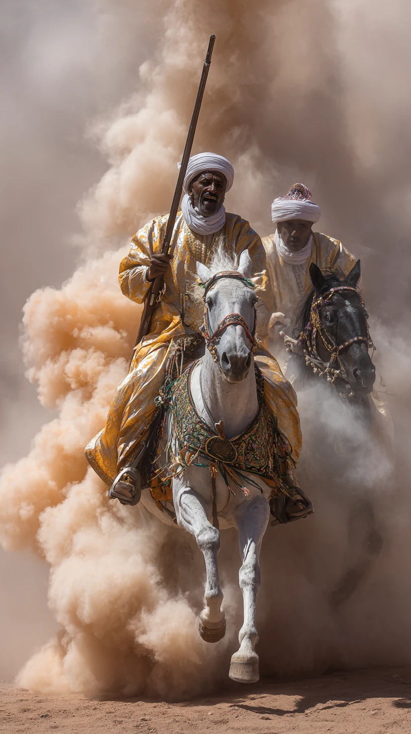 Berber horsemen charge in dusty low angle fantasia scene