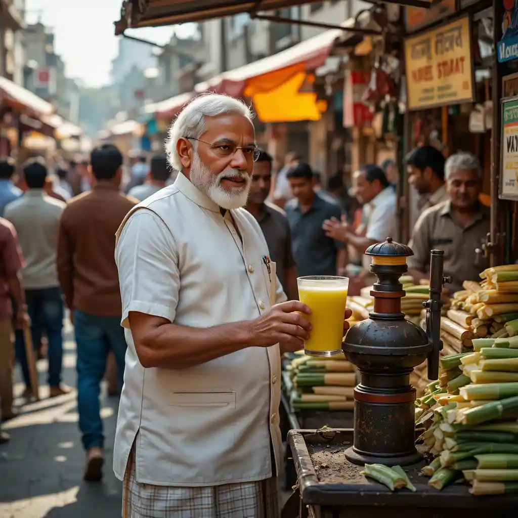 Man serving sugarcane juice at a busy Mumbai street market