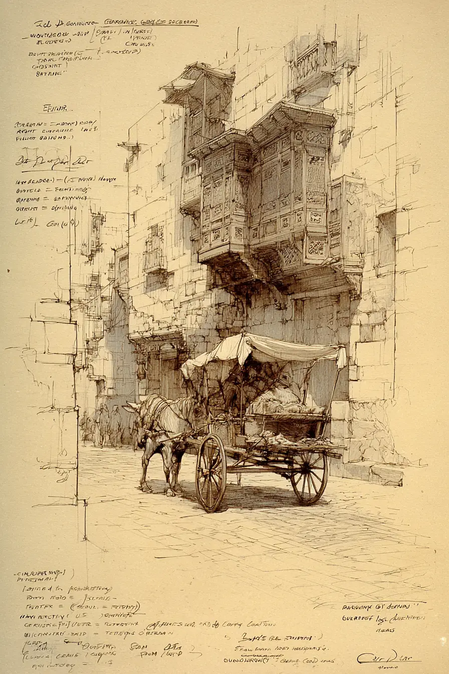 Architectural sketch of an old cairo street with minaret