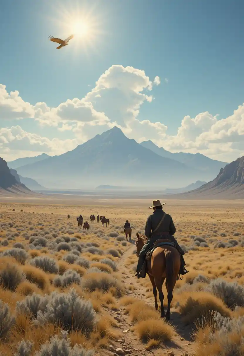 Spanish riders crossing a vast Colorado desert plateau
