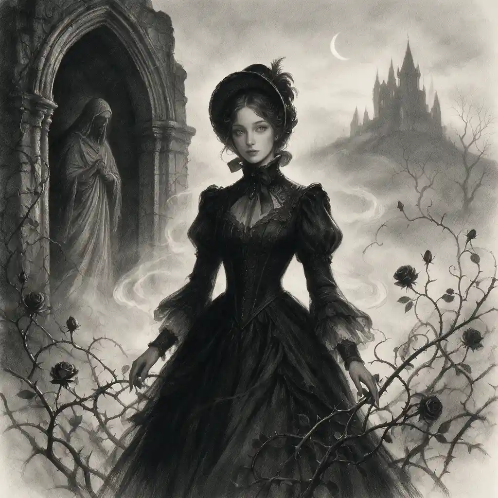 Victorian lady in charcoal with melancholic cinematic mood